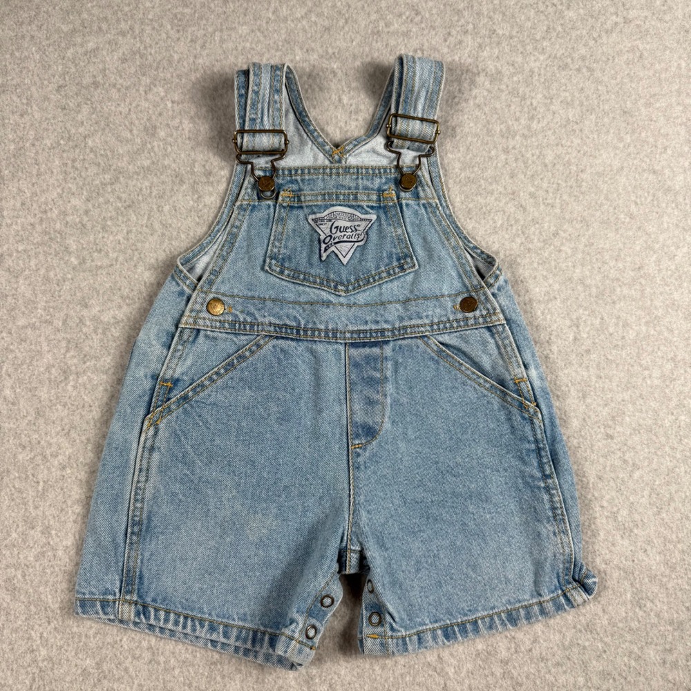 Vintage 90s Guess Baby 18M Denim Shortalls Overalls Triangle Logo Snap Crotch